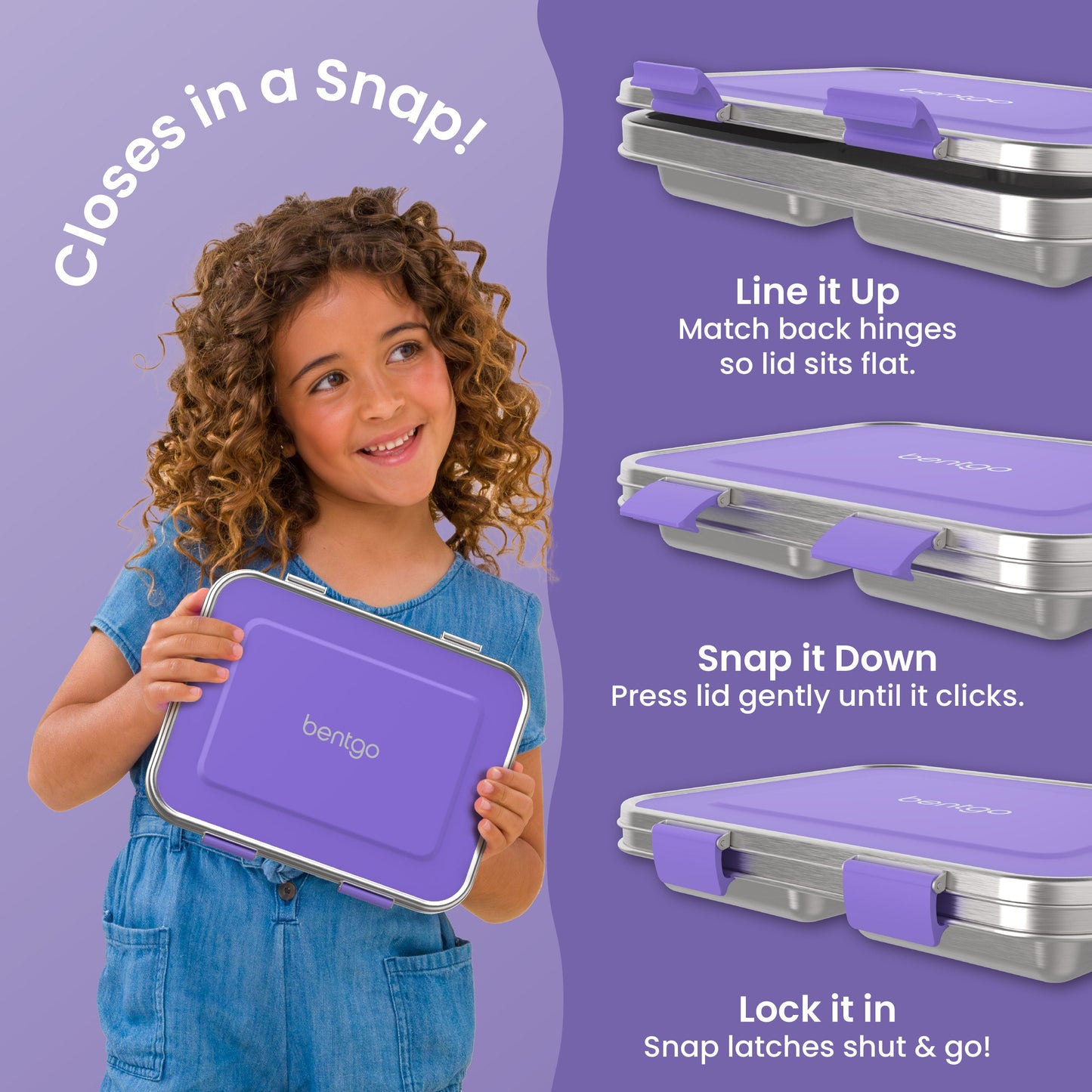 Bentgo Kids Stainless Steel Lunch Box (2-Pack) - Purple | Closes In A Snap! | Line It Up - Match Back Hinges So Lid Sits Flat. | Snap It Down - Press Lid Gently Until It Clicks. | Lock It In - Snap Latches Shut & Go!