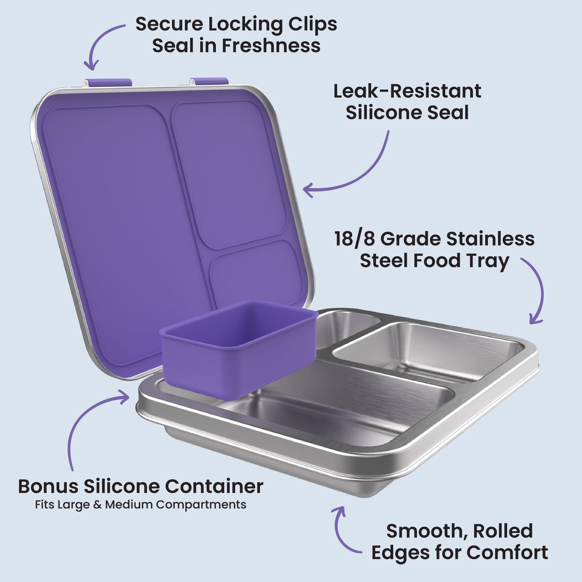 Bentgo Kids Stainless Steel Lunch Box - Purple | Secure Locking Clips Seal In Freshness, Leak-Resistant Silicone Seal, 18/8 Grade Stainless Steel Food Tray, Bonus Silicone Container - Fits Large & Medium Compartments, And Smooth, Rolled Edges For Comfort