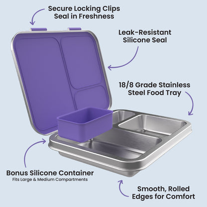 Bentgo Kids Stainless Steel Lunch Box - Purple | Secure Locking Clips Seal In Freshness, Leak-Resistant Silicone Seal, 18/8 Grade Stainless Steel Food Tray, Bonus Silicone Container - Fits Large & Medium Compartments, And Smooth, Rolled Edges For Comfort