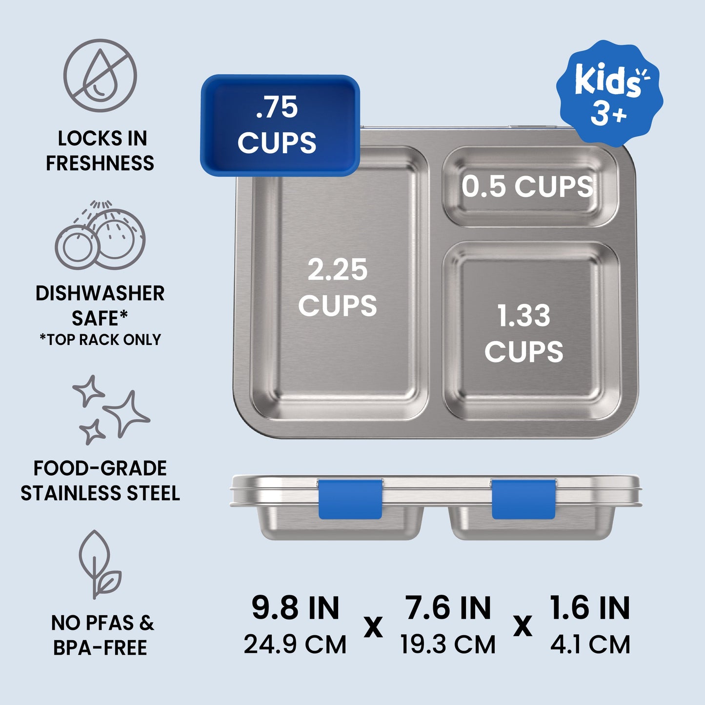 Bentgo Kids Stainless Steel Lunch Box (2-Pack) - Blue | Locks In Freshness, Dishwasher Safe (Top Rack Only), Food-Grade Stainless Steel, And No PFAS & BPA-Free