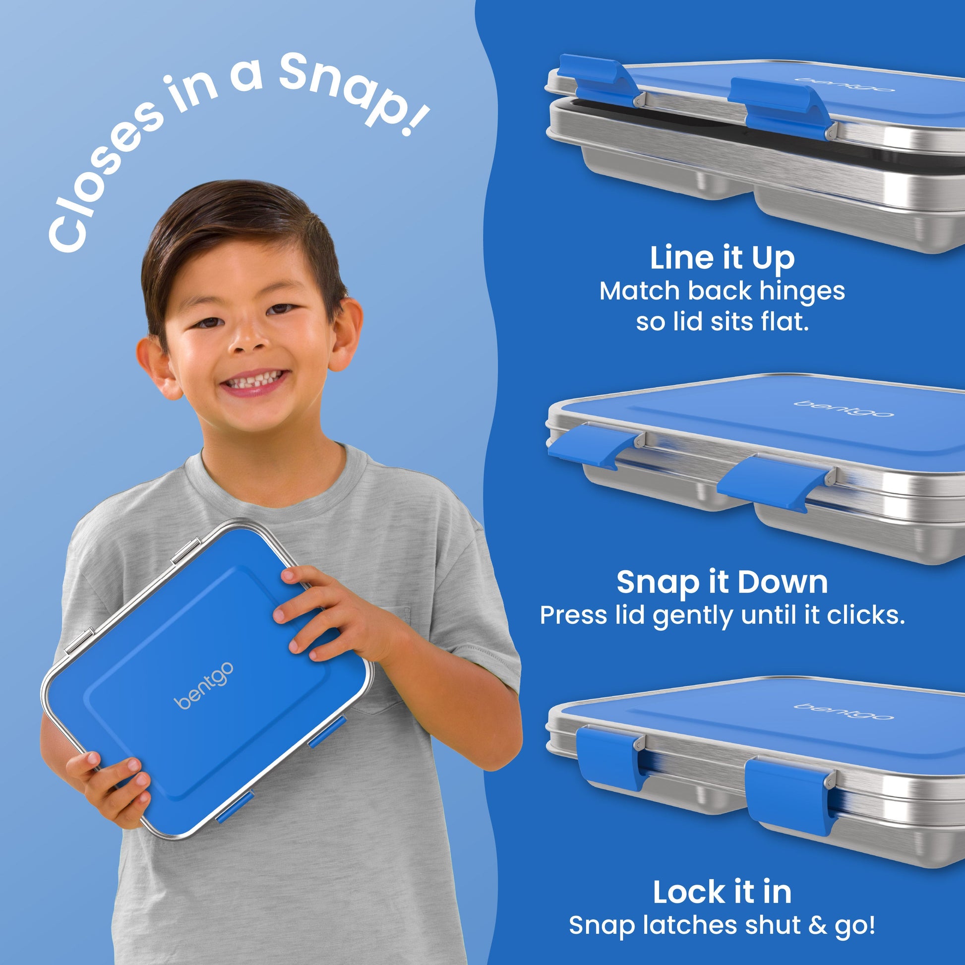 Bentgo Kids Stainless Steel Lunch Box (2-Pack) - Blue | Closes In A Snap! | Line It Up - Match Back Hinges So Lid Sits Flat. | Snap It Down - Press Lid Gently Until It Clicks. | Lock It In - Snap Latches Shut & Go!