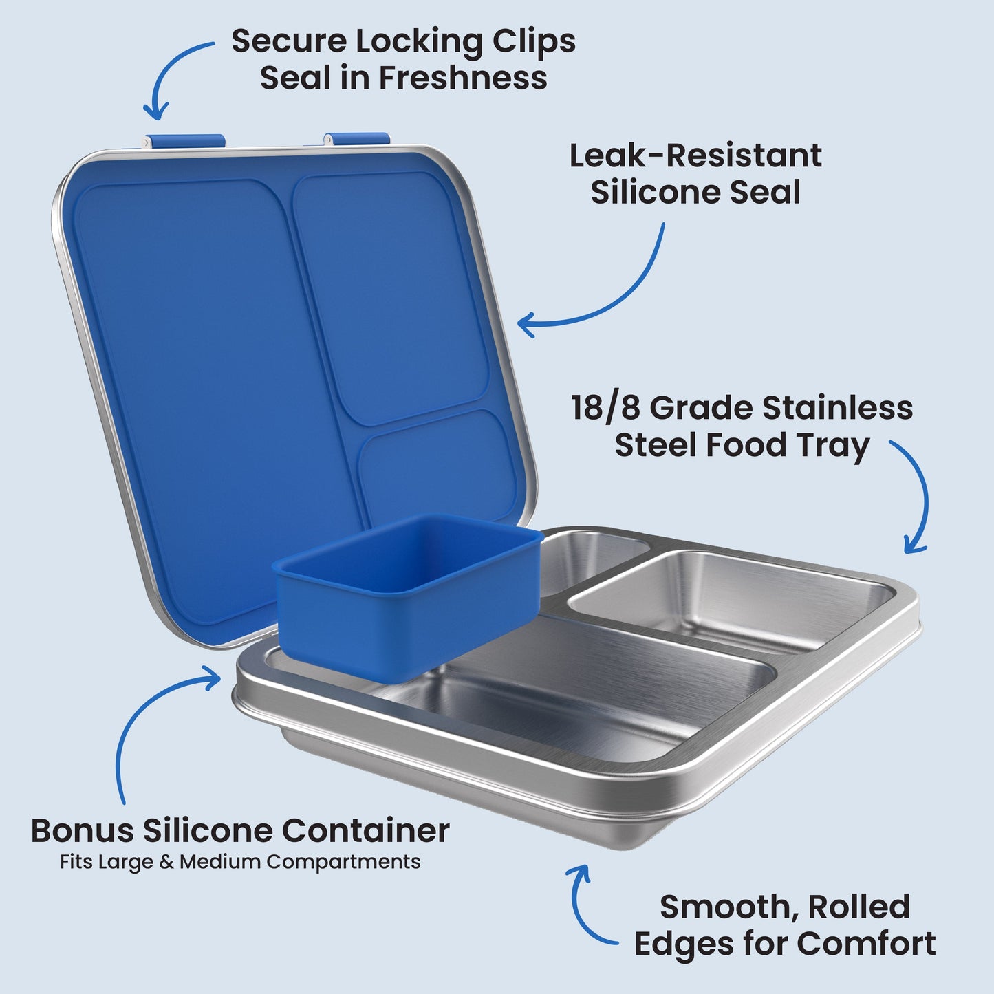 Bentgo Kids Stainless Steel Lunch Box (2-Pack) - Blue | Secure Locking Clips Seal In Freshness, Leak-Resistant Silicone Seal, 18/8 Grade Stainless Steel Food Tray, Bonus Silicone Container - Fits Large & Medium Compartments, And Smooth, Rolled Edges For Comfort