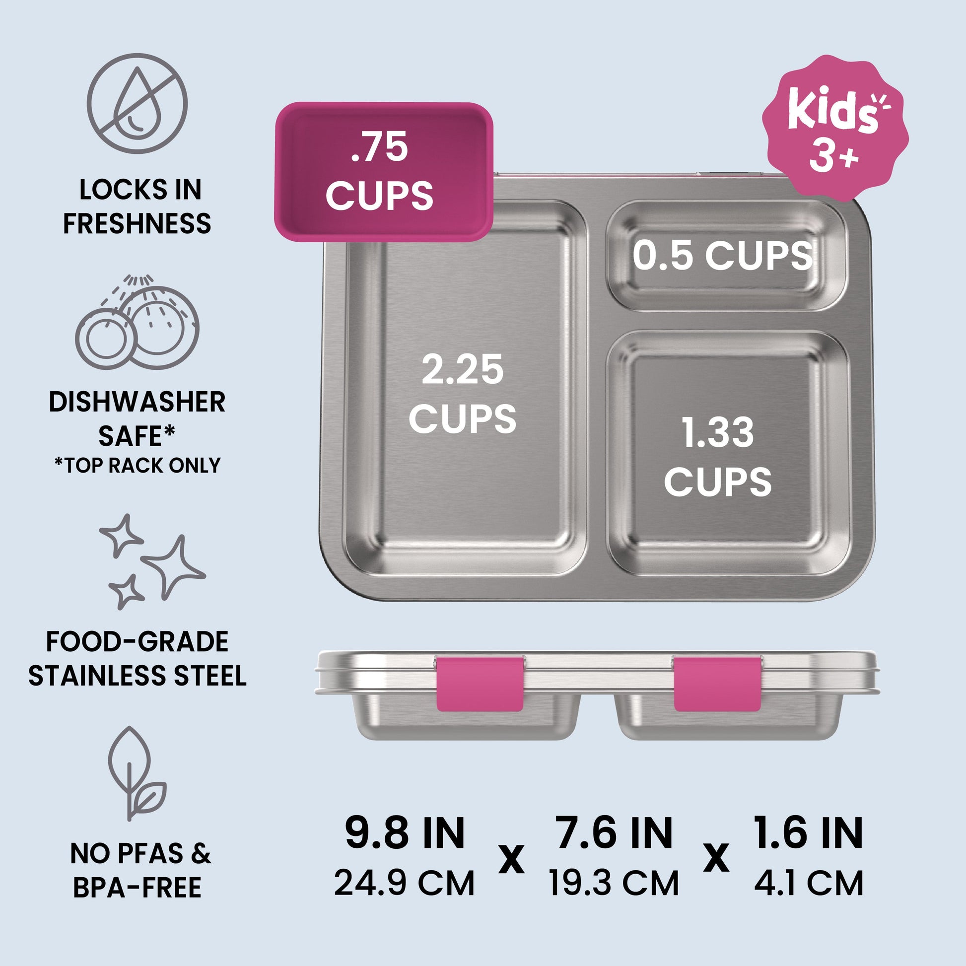 Bentgo Kids Stainless Steel Lunch Box (2-Pack) - Fuchsia | Locks In Freshness, Dishwasher Safe (Top Rack Only), Food-Grade Stainless Steel, And No PFAS & BPA-Free