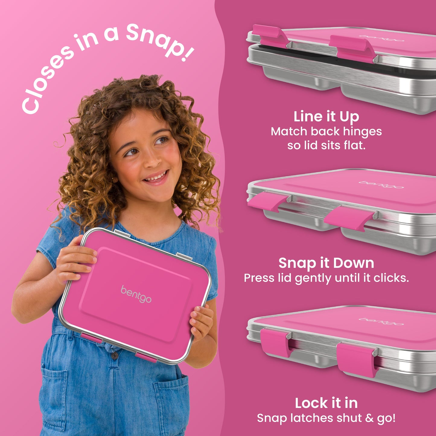 Bentgo Kids Stainless Steel Lunch Box (2-Pack) - Fuchsia | Closes In A Snap! | Line It Up - Match Back Hinges So Lid Sits Flat. | Snap It Down - Press Lid Gently Until It Clicks. | Lock It In - Snap Latches Shut & Go!