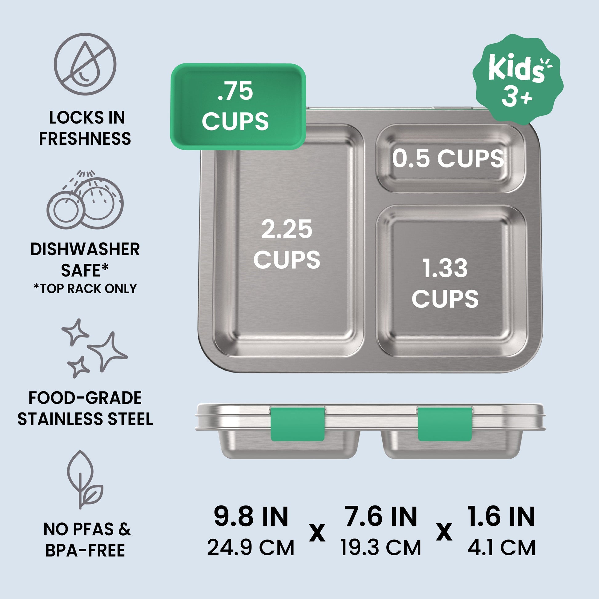 Bentgo Kids Stainless Steel Lunch Box (2-Pack) - Green | Locks In Freshness, Dishwasher Safe (Top Rack Only), Food-Grade Stainless Steel, And No PFAS & BPA-Free