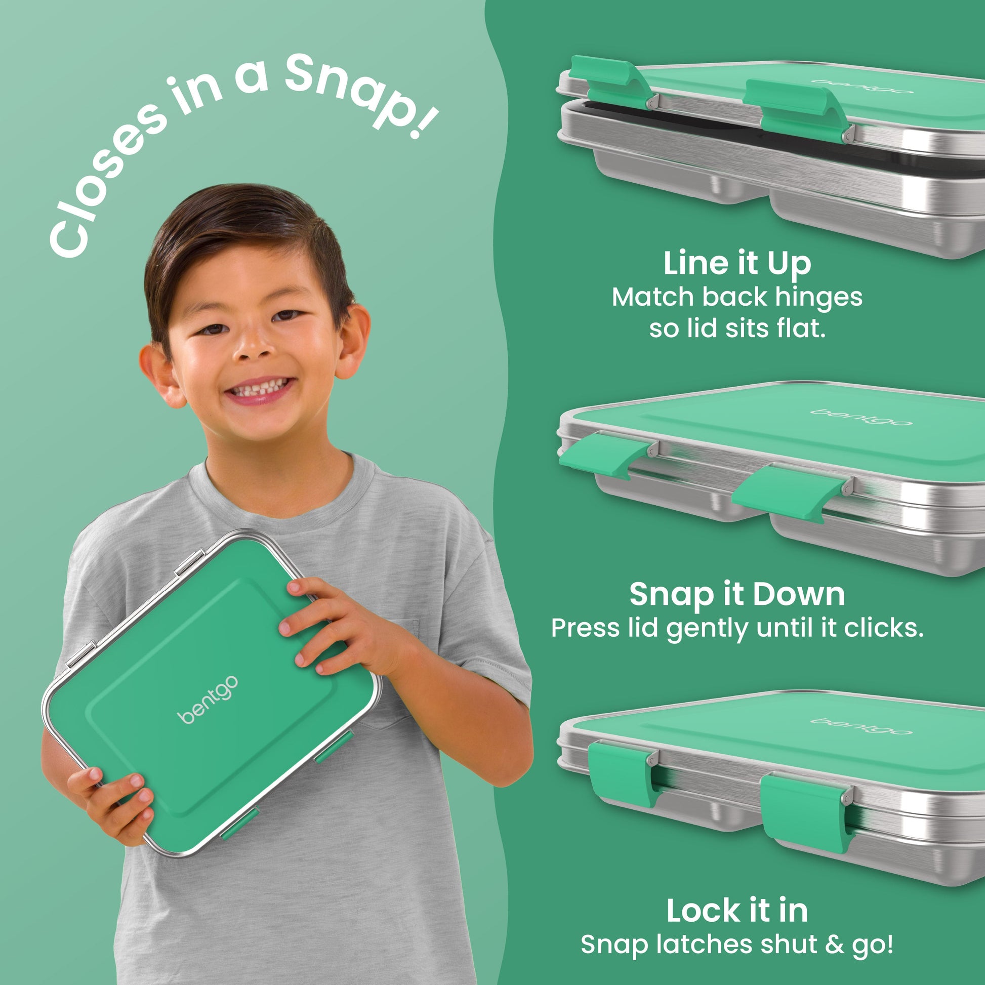 Bentgo Kids Stainless Steel Lunch Box (2-Pack) - Green | Closes In A Snap! | Line It Up - Match Back Hinges So Lid Sits Flat. | Snap It Down - Press Lid Gently Until It Clicks. | Lock It In - Snap Latches Shut & Go!