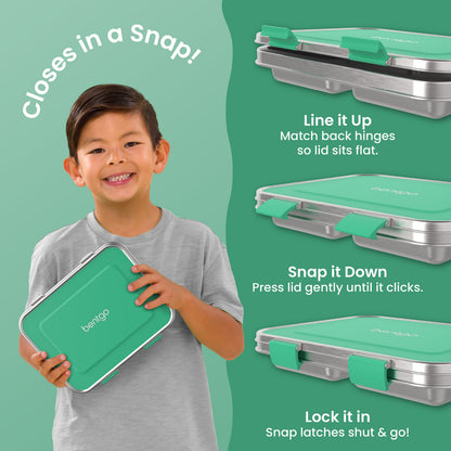 Bentgo Kids Stainless Steel Lunch Box (2-Pack) - Green | Closes In A Snap! | Line It Up - Match Back Hinges So Lid Sits Flat. | Snap It Down - Press Lid Gently Until It Clicks. | Lock It In - Snap Latches Shut & Go!