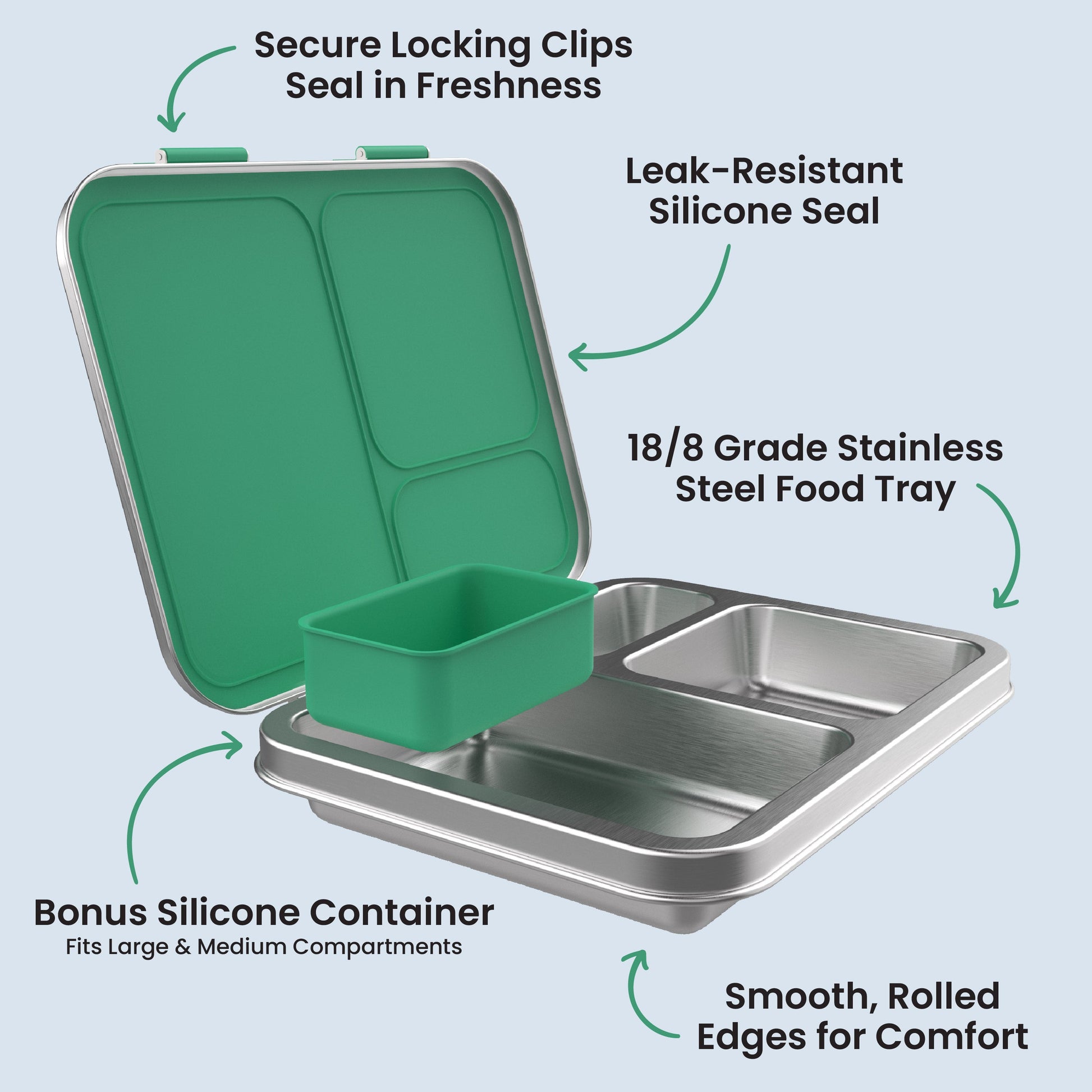 Bentgo Kids Stainless Steel Lunch Box - Green | Secure Locking Clips Seal In Freshness, Leak-Resistant Silicone Seal, 18/8 Grade Stainless Steel Food Tray, Bonus Silicone Container - Fits Large & Medium Compartments, And Smooth, Rolled Edges For Comfort