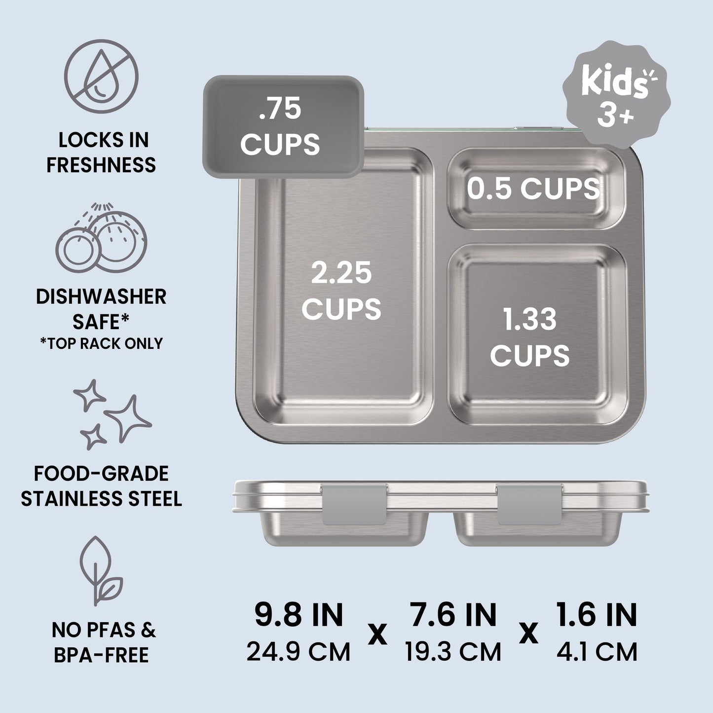 Bentgo Kids Stainless Steel Lunch Box (2-Pack) - Silver | Locks In Freshness, Dishwasher Safe (Top Rack Only), Food-Grade Stainless Steel, And No PFAS & BPA-Free