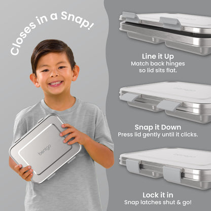 Bentgo Kids Stainless Steel Lunch Box - Silver | Closes In A Snap! | Line It Up - Match Back Hinges So Lid Sits Flat. | Snap It Down - Press Lid Gently Until It Clicks. | Lock It In - Snap Latches Shut & Go!