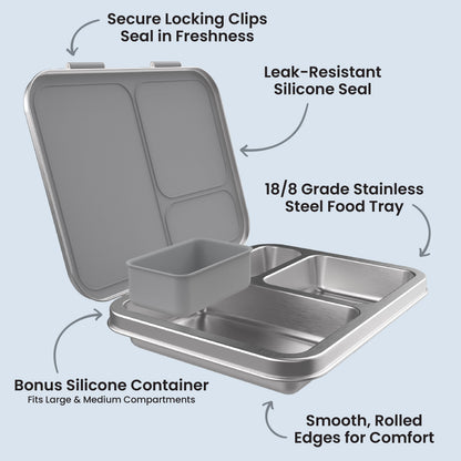 Bentgo Kids Stainless Steel Lunch Box - Silver | Secure Locking Clips Seal In Freshness, Leak-Resistant Silicone Seal, 18/8 Grade Stainless Steel Food Tray, Bonus Silicone Container - Fits Large & Medium Compartments, And Smooth, Rolled Edges For Comfort