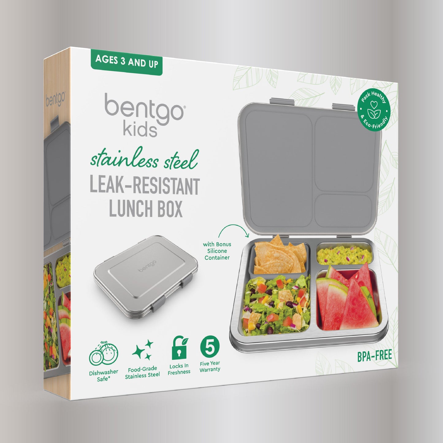 Bentgo Kids Stainless Steel Lunch Box (2-Pack) - Silver | Packaging
