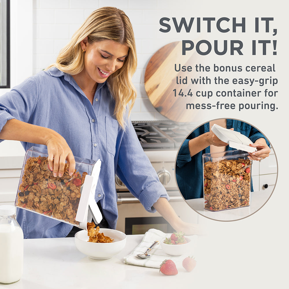 Bentgo® Pantry Airtight Food Storage Containers (22-pcs) - Snow | Switch It, Pour It! Use The Bonus Cereal Lid With The Easy-Grip 14.4 Cup Container For Mess-Free Pouring
