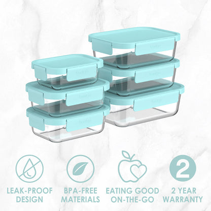 Bentgo® Glass Leak-Proof Food Storage Set (12-Piece) - Soft Aqua | Leak-Proof Design, BPA-Free Materials, Eating Good On-The-Go, And Comes With A 2 Year Warranty