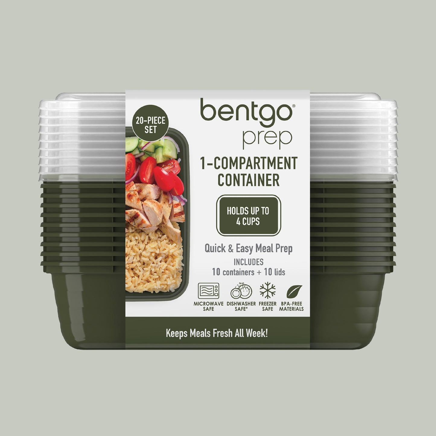 Bentgo® Prep 1-Compartment Meal Prep Containers (20-Piece) - Khaki Green | Packaging