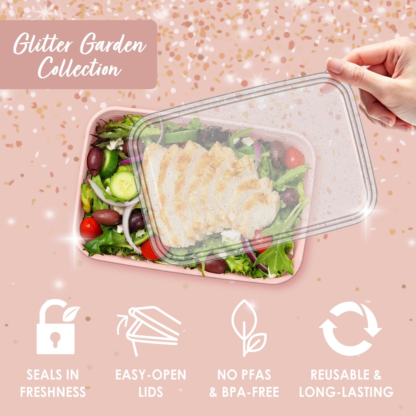 Bentgo® Prep 1-Compartment Meal Prep Containers (20-Piece) - Peony Glitter | Seals In Freshness, Easy-Open Lids, NO PFAS & BPA-Free, Reusable & Long-Lasting