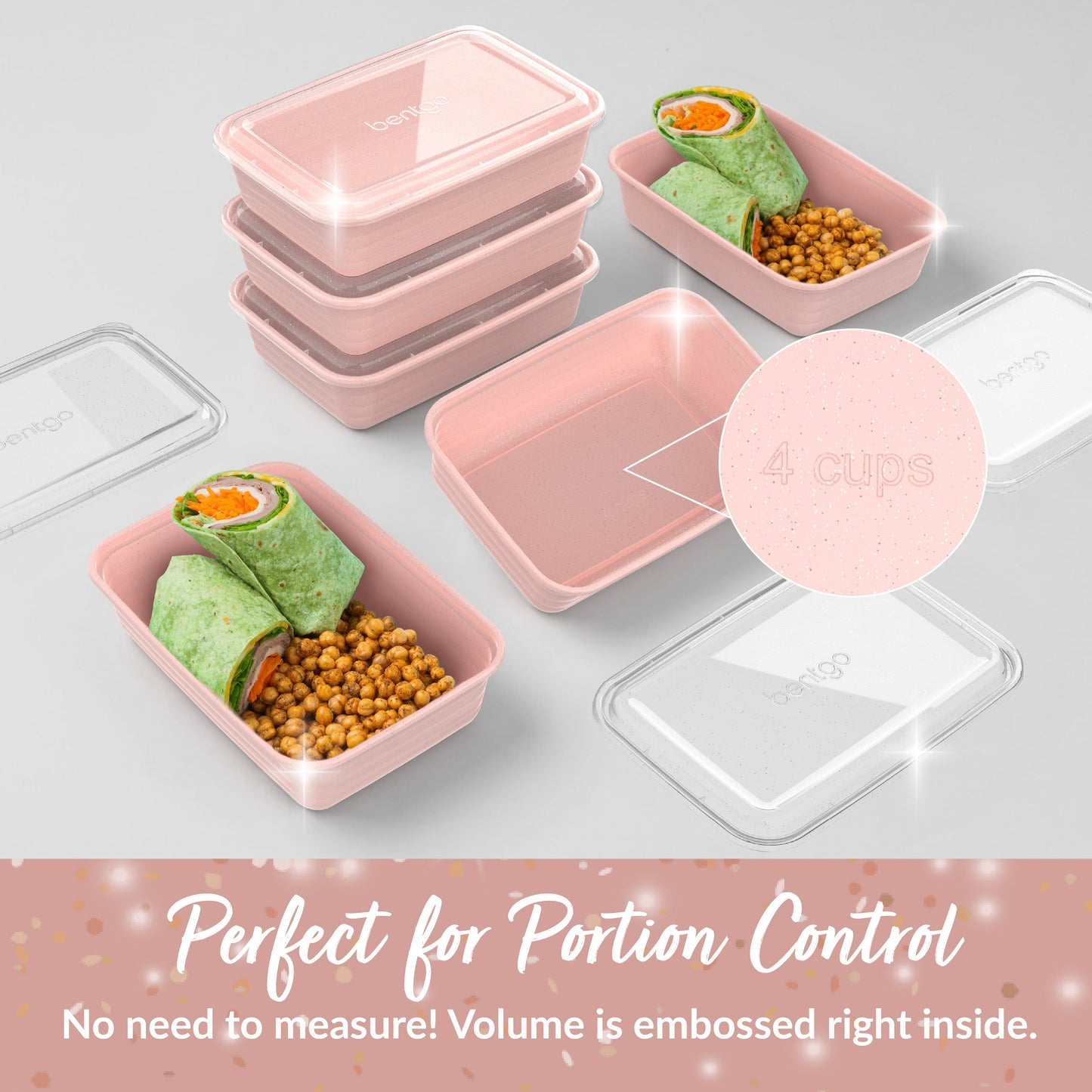 Bentgo® Prep 1-Compartment Meal Prep Containers (20-Piece) - Peony Glitter | Perfect For Portion Control - No Need To Measure! Volume Is Embossed Right Inside