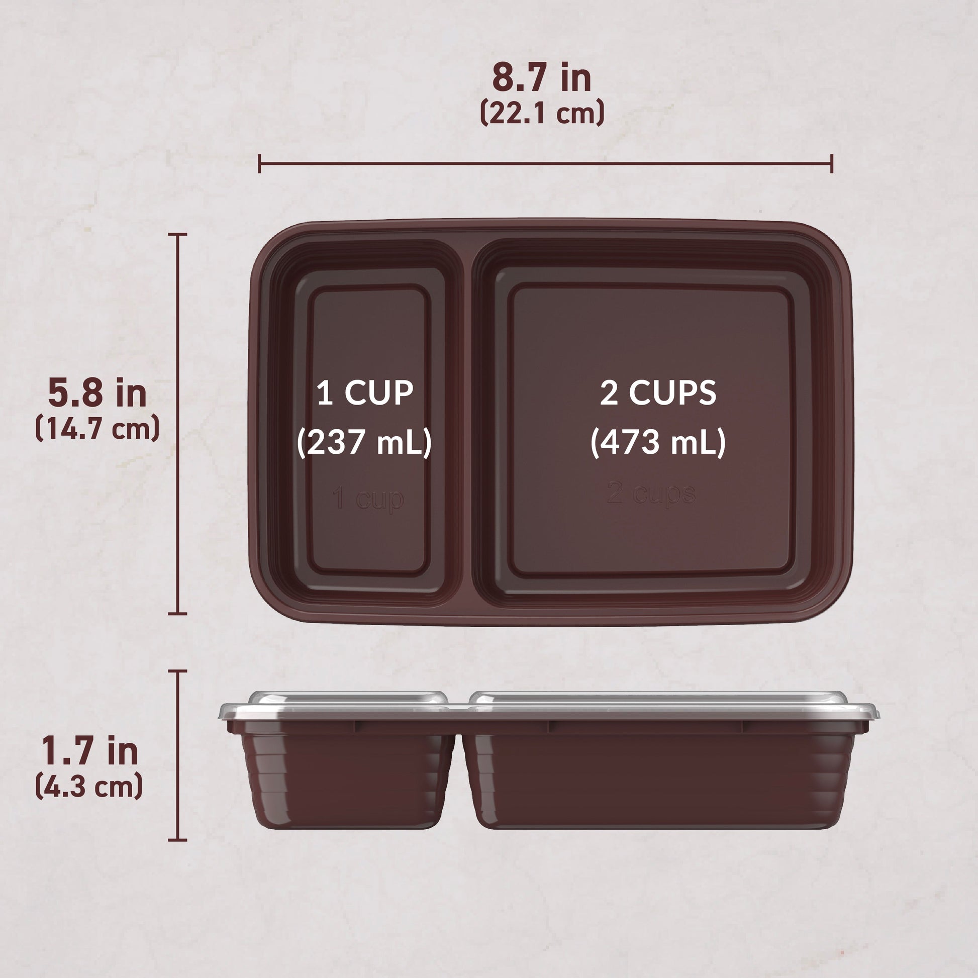 Bentgo® Prep 2-Compartment Meal Prep Containers (20-Piece) - Burgundy | Dimensions