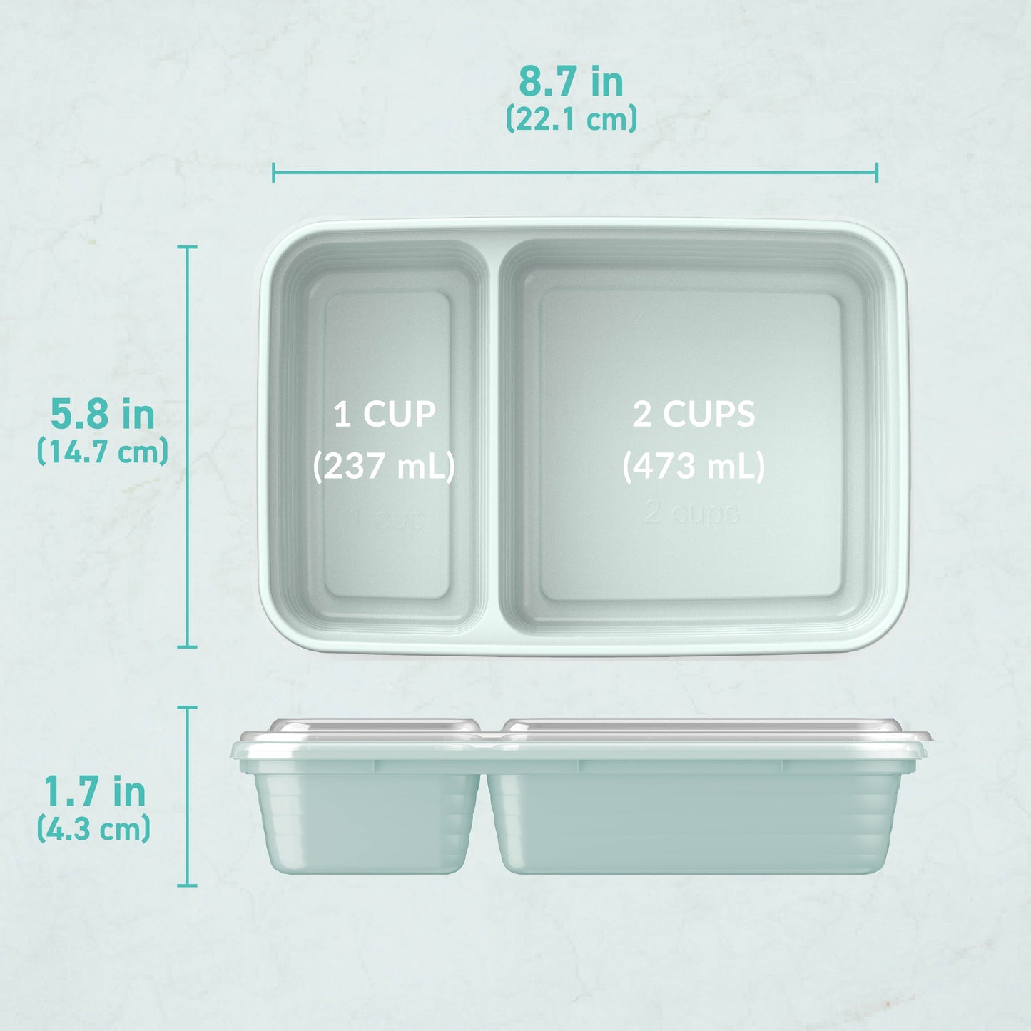 Bentgo® Prep 2-Compartment Meal Prep Containers (20-Piece) - Mint | Dimensions