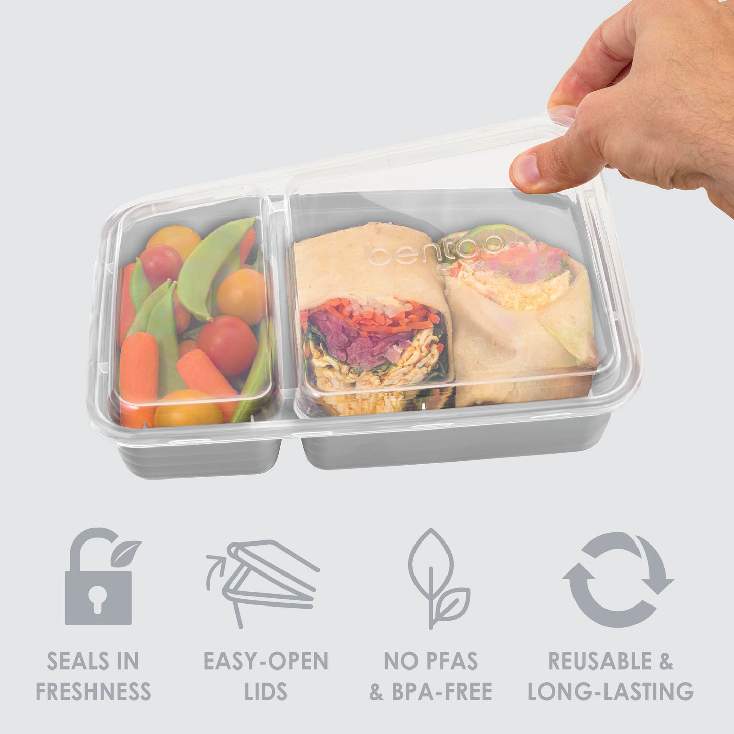 Bentgo® Prep 2-Compartment Meal Prep Containers (20-Piece) - Silver | Seals In Freshness, Easy-Open Lids, NO PFAS & BPA-Free, Reusable & Long-Lasting