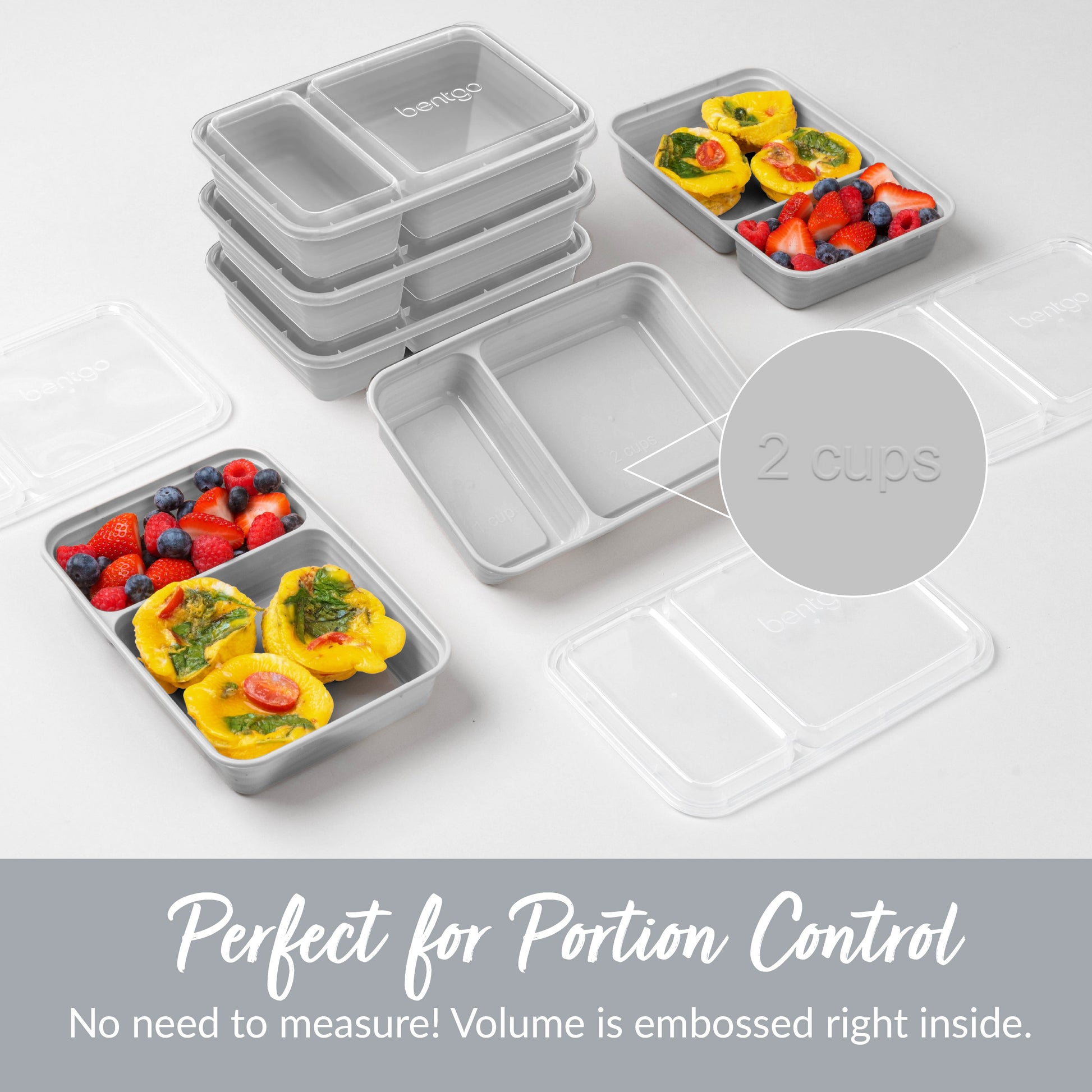 Bentgo® Prep 2-Compartment Meal Prep Containers (20-Piece) - Silver | Perfect For Portion Control - No Need To Measure! Volume Is Embossed Right Inside