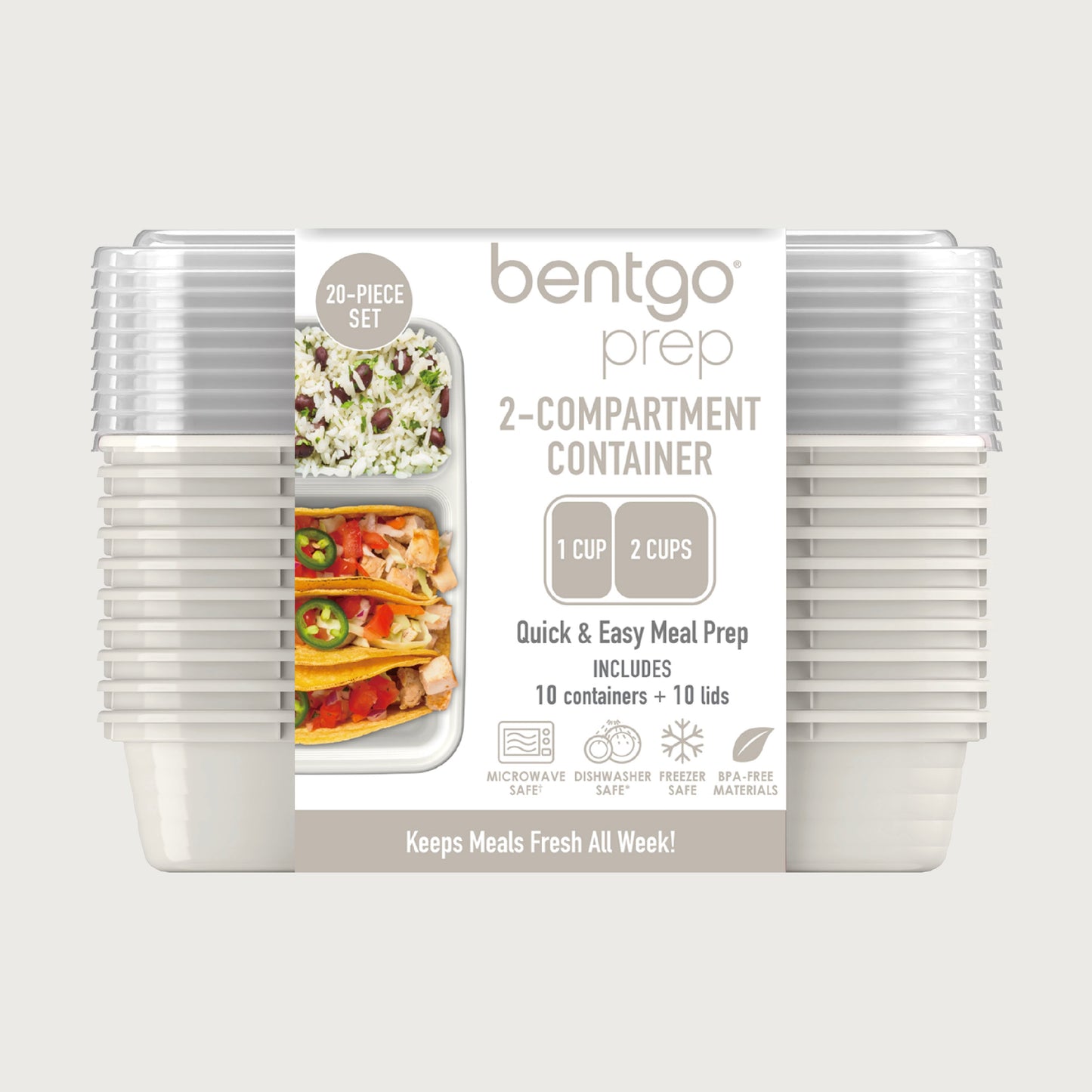 Bentgo® Prep 2-Compartment Meal Prep Containers (20-Piece) - Whisper Gray | Packaging
