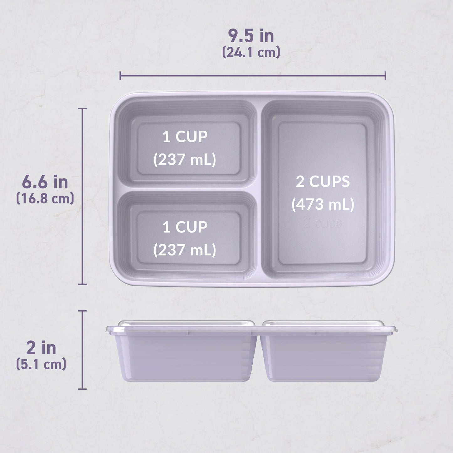 Bentgo® Prep 3-Compartment Meal Prep Containers (20-Piece) - Lilac | Dimensions
