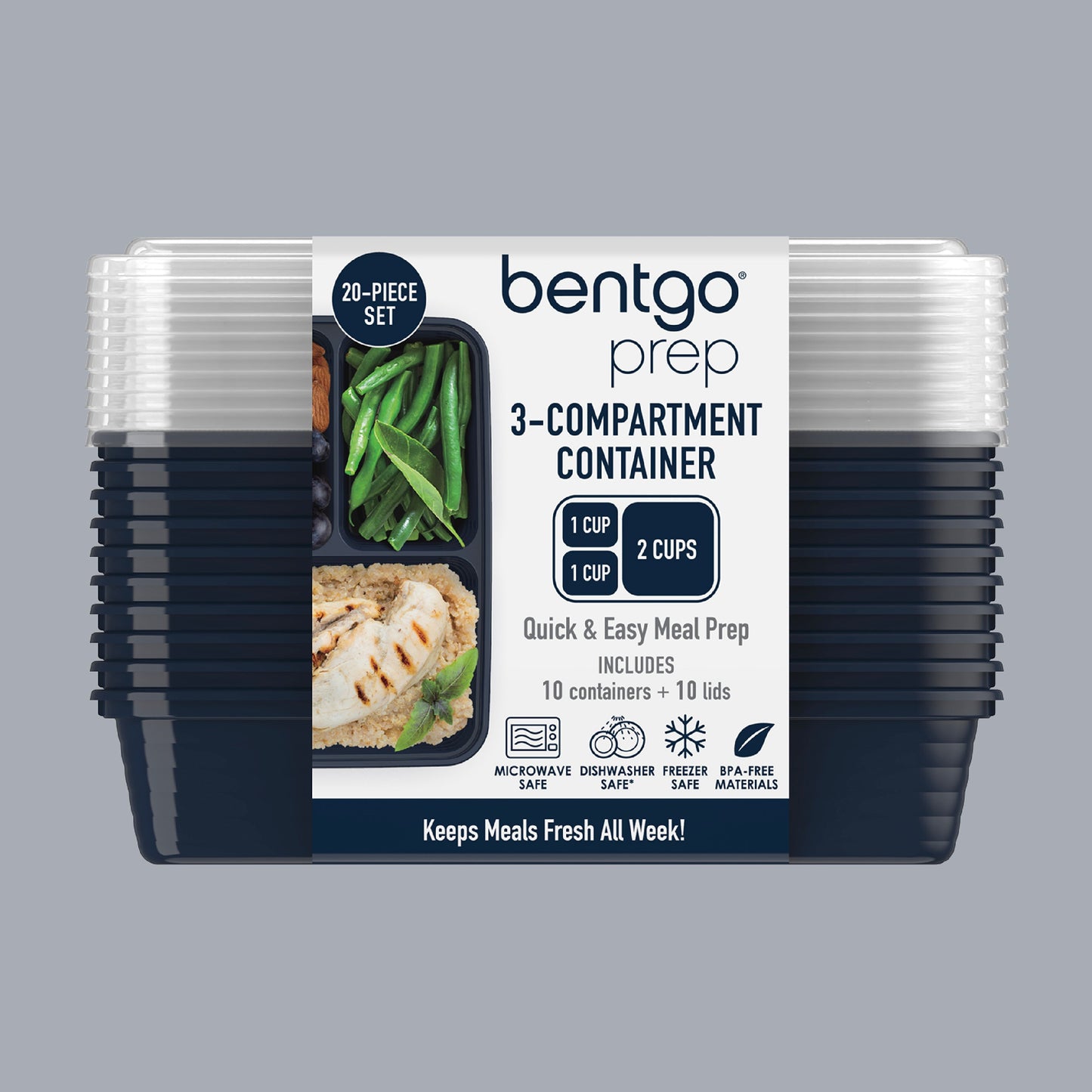 Bentgo® Prep 3-Compartment Meal Prep Containers (20-Piece) - Navy Blue | Packaging