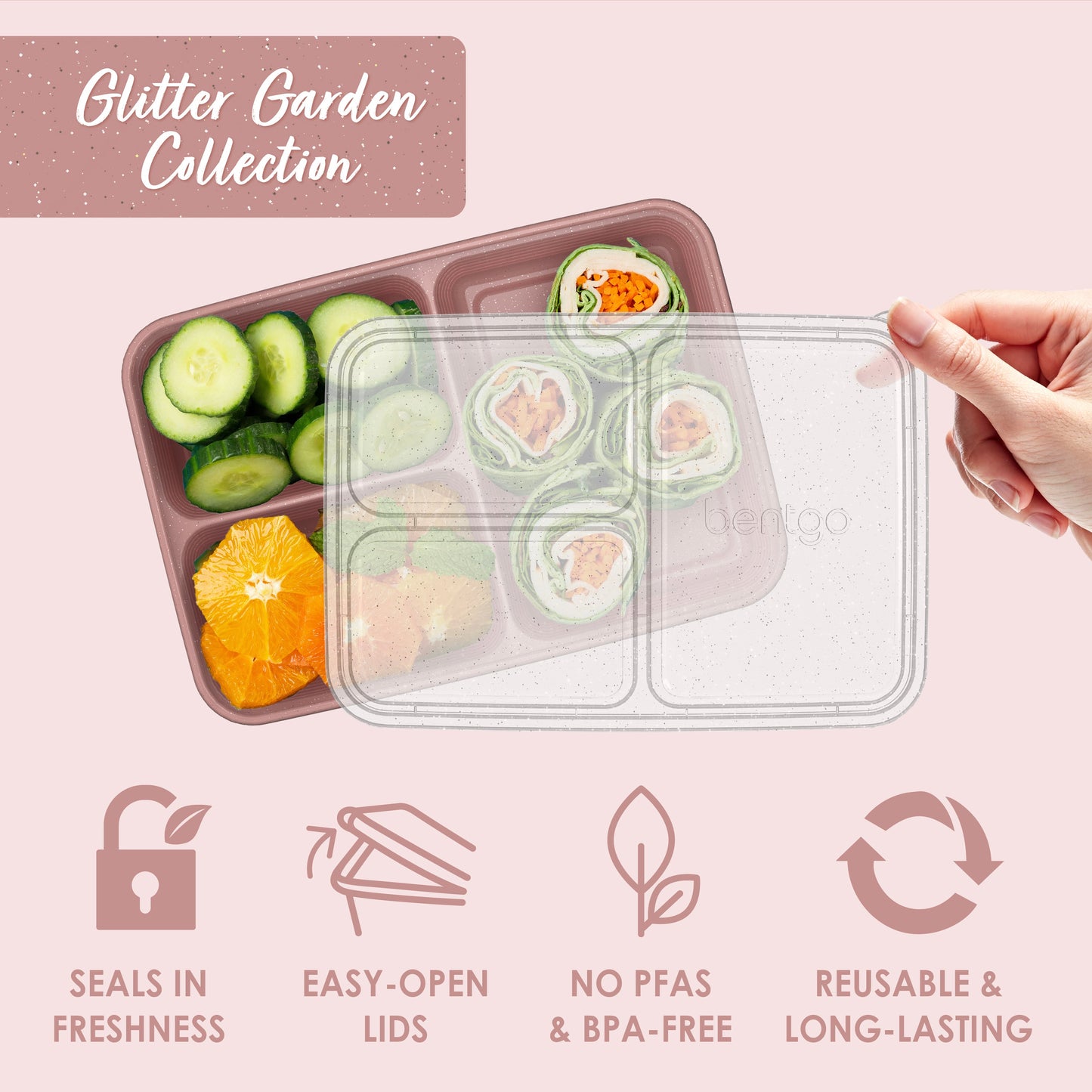 Bentgo® Prep 3-Compartment Meal Prep Containers (20-Piece) - Rosette Glitter | Seals In Freshness, Easy-Open Lids, NO PFAS & BPA-Free, Reusable & Long-Lasting