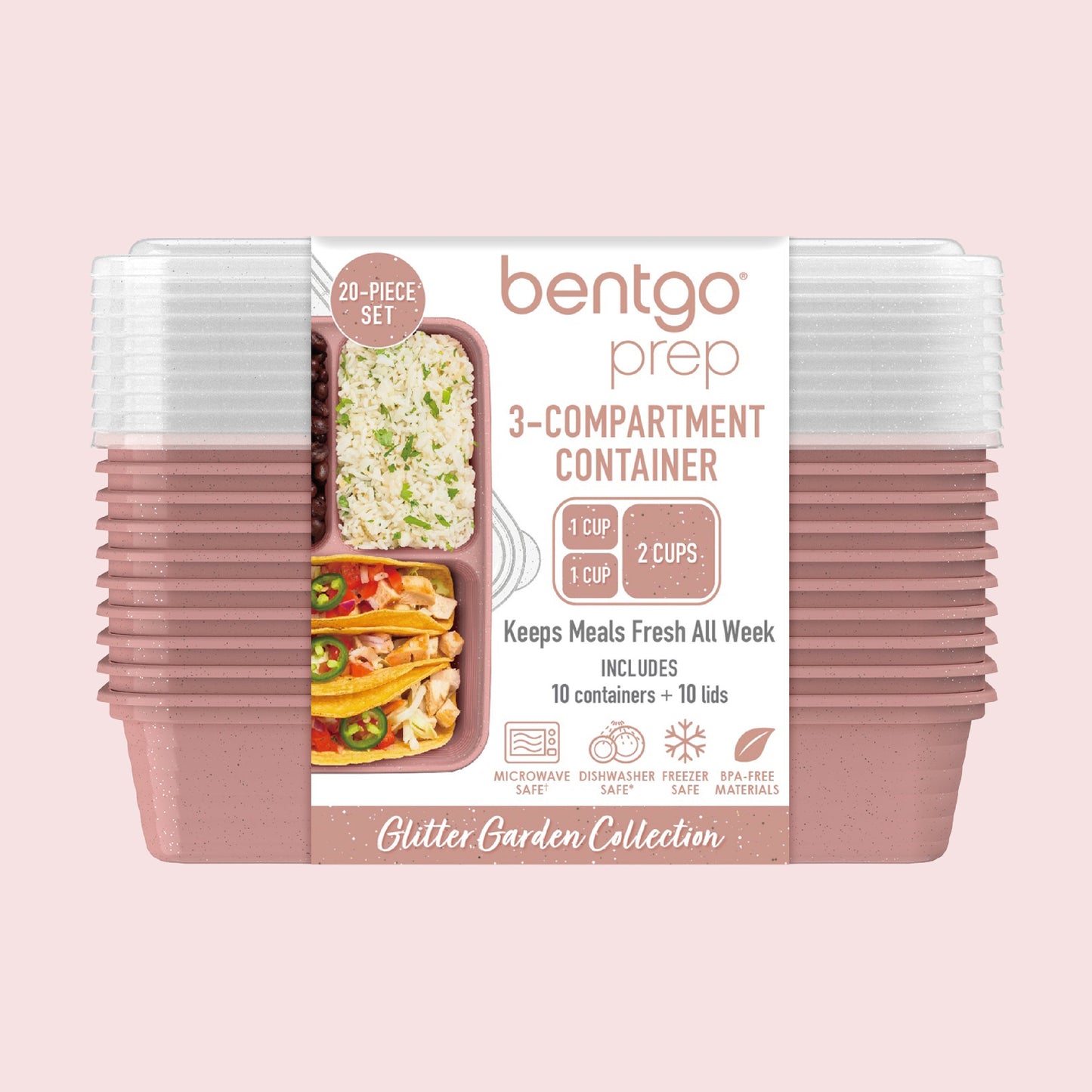 Bentgo® Prep 3-Compartment Meal Prep Containers (20-Piece) - Rosette Glitter | Packaging