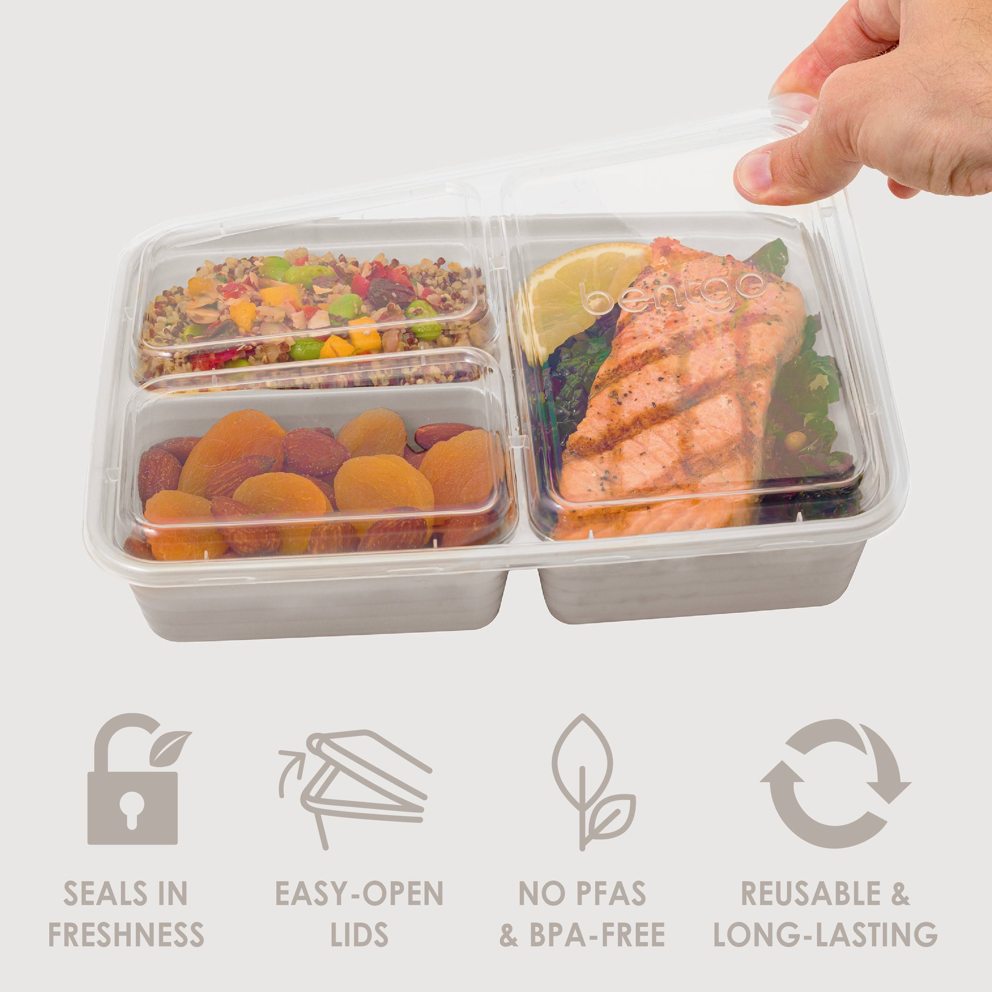Bentgo® Prep 3-Compartment Meal Prep Containers (20-Piece) - Stone Gray | Seals In Freshness, Easy-Open Lids, NO PFAS & BPA-Free, Reusable & Long-Lasting