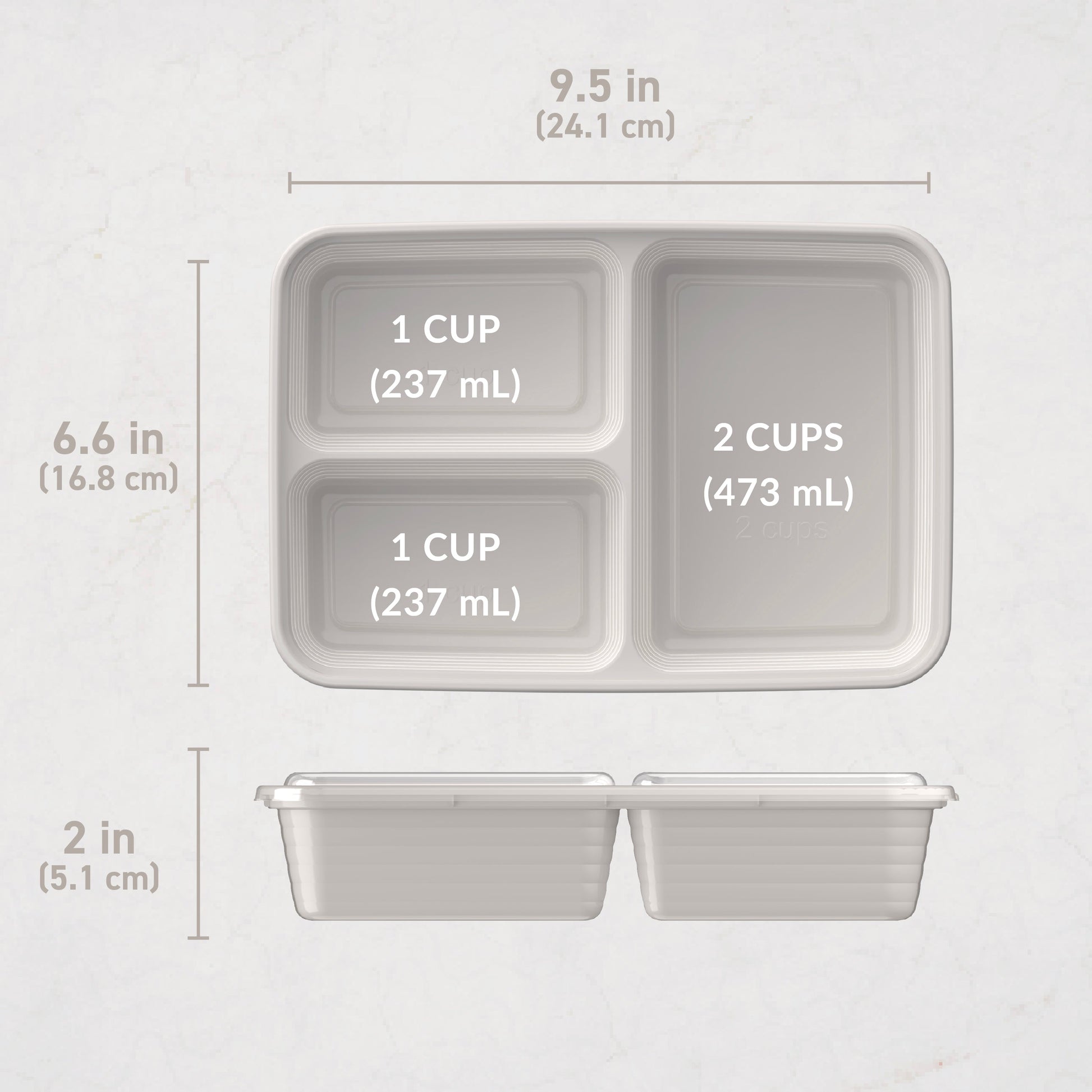 Bentgo® Prep 3-Compartment Meal Prep Containers (20-Piece) - Stone Grey | Dimensions
