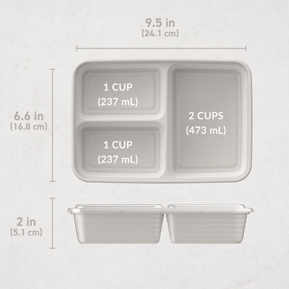 Bentgo® Prep 3-Compartment Meal Prep Containers (20-Piece) - Stone Grey | Dimensions