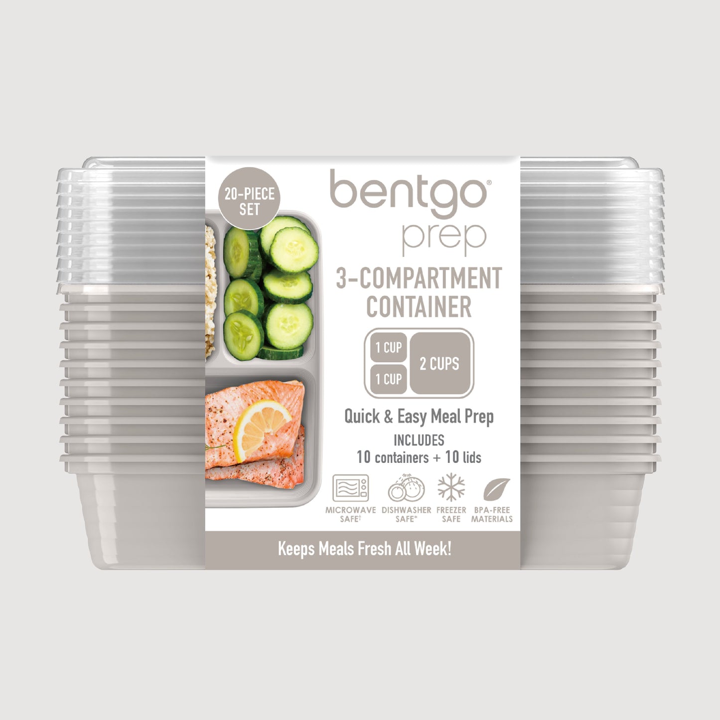 Bentgo® Prep 3-Compartment Meal Prep Containers (20-Piece) - Stone Grey | Packaging