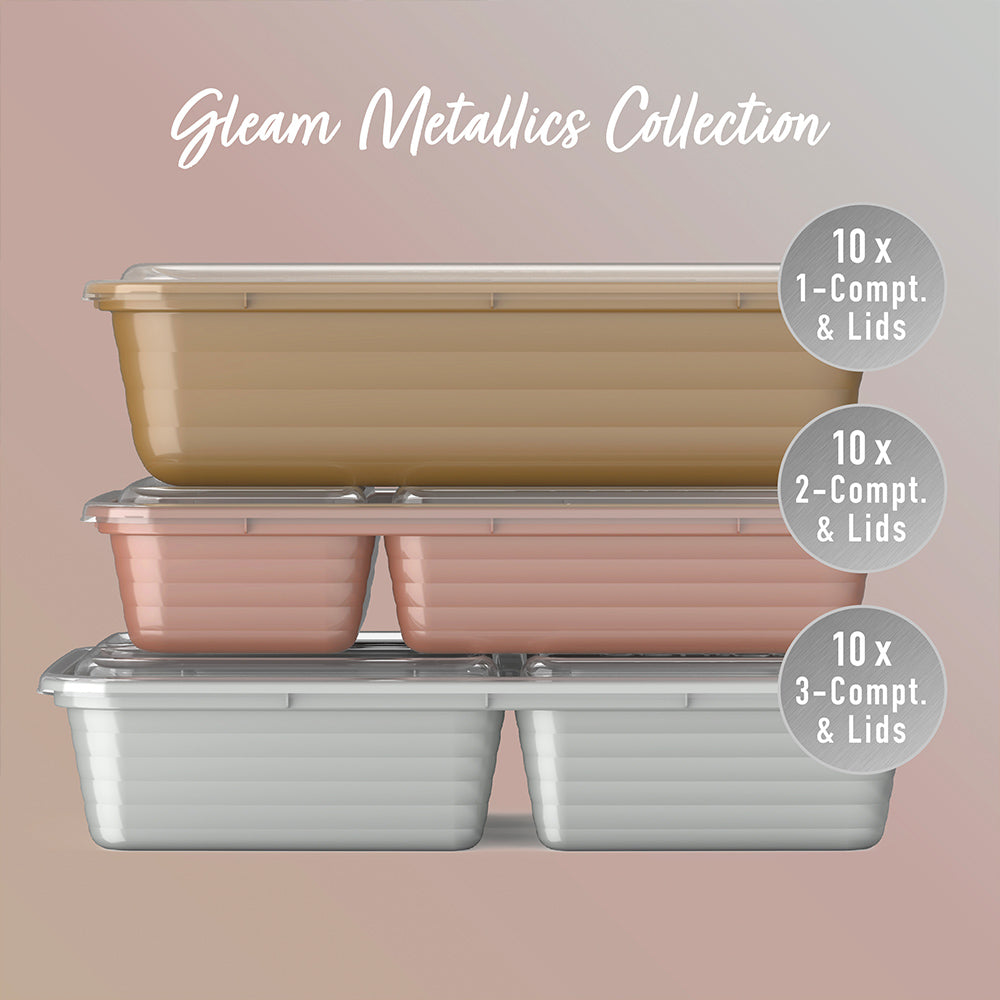 Bentgo® Prep 60-Piece Meal Prep Kit - Gleam Metallics | 10x 1-Compartment & Lids, 10x 2-Compartment Containers & Lids And 30x 3-Compartment Containers & Lids