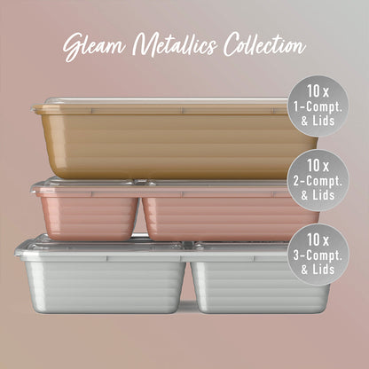 Bentgo® Prep 60-Piece Meal Prep Kit - Gleam Metallics | 10x 1-Compartment & Lids, 10x 2-Compartment Containers & Lids And 30x 3-Compartment Containers & Lids