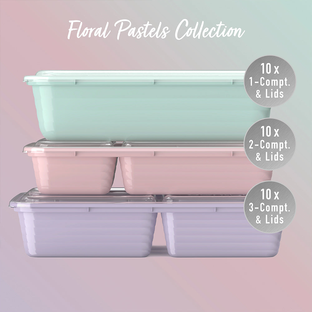 Bentgo® Prep 60-Piece Meal Prep Kit - Floral Pastels | 10x 1-Compartment & Lids, 10x 2-Compartment Containers & Lids And 30x 3-Compartment Containers & Lids
