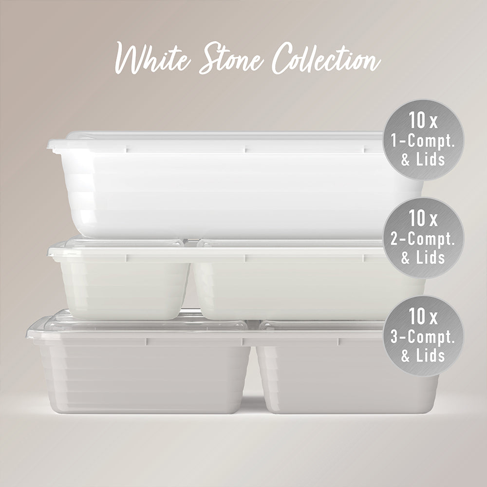 Bentgo® Prep 60-Piece Meal Prep Kit - White Stone | 10x 1-Compartment & Lids, 10x 2-Compartment Containers & Lids And 30x 3-Compartment Containers & Lids