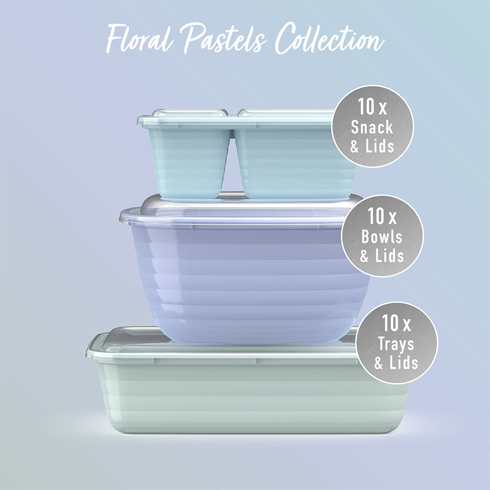 Bentgo® Prep 60-Piece Variety Meal Prep Kit - Floral Pastels | 10x Snack Containers & Lids, 10x Bowls & Lids And 30x 1-Compartment Trays & Lids