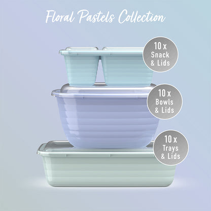 Bentgo® Prep 60-Piece Variety Meal Prep Kit - Floral Pastels | 10x Snack Containers & Lids, 10x Bowls & Lids And 30x 1-Compartment Trays & Lids