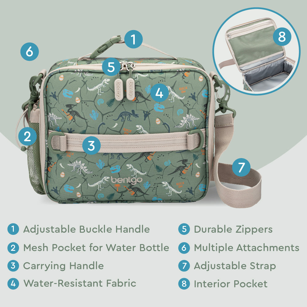 Bentgo® Kids Prints Lunch Bag - Dino Fossils | Adjustable Buckle Handle, Mesh Pocket for Water Bottle, Carrying Handle, Water-Resistant Fabric, Durable Zippers, Multiple Attachments, Adjustable Strap, Interior Pocket