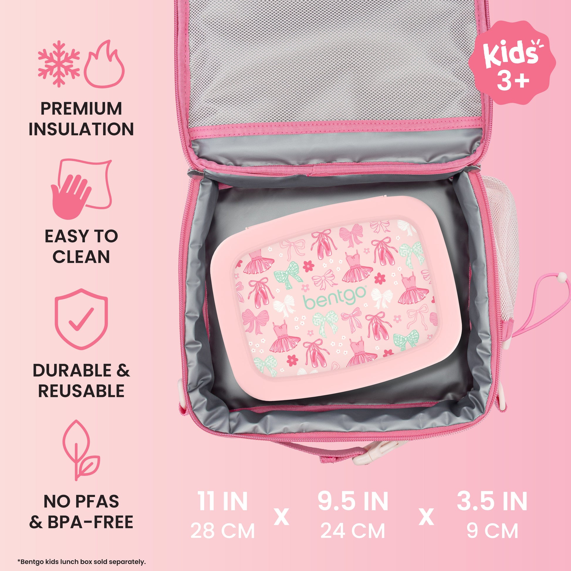 Bentgo Kids Prints Lunch Bag - Ballet and Bows | Premium Insulation, Easy To Clean, Durable & Reusable, No PFAs & BPA-Free