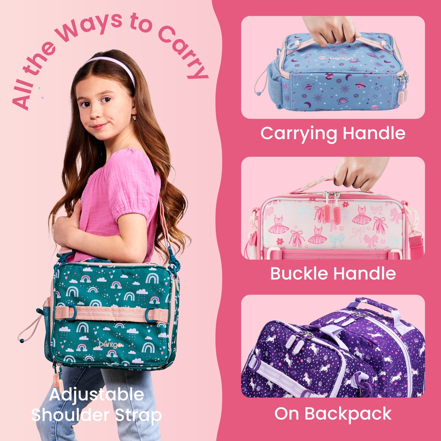 Bentgo Kids Prints Lunch Bag - Ballet and Bows | All The Ways To Carry - Carrying Handle, Buckle Handle, On Backpack, And Adjustable Shoulder Strap