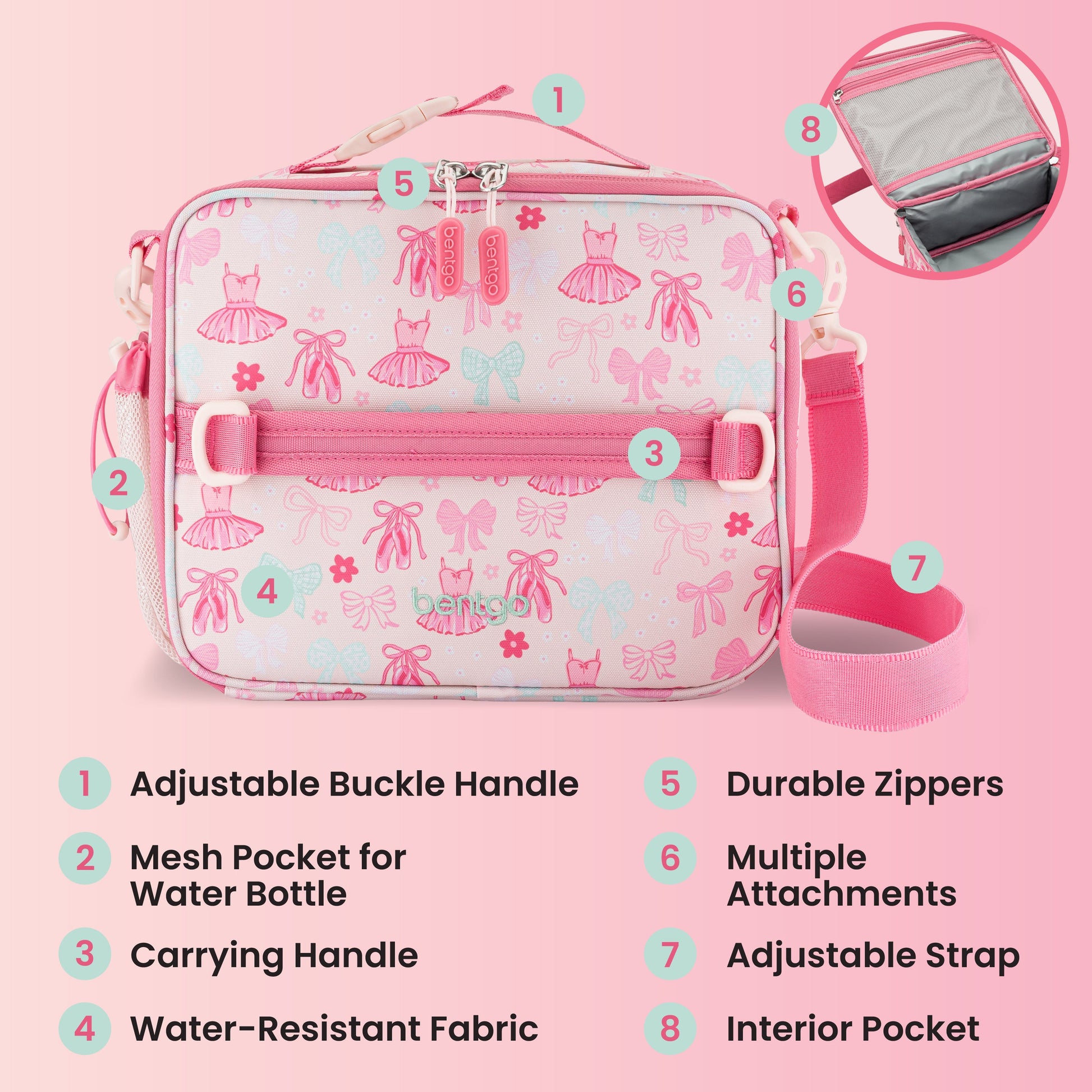 Bentgo Kids Prints Lunch Bag - Ballet and Bows | Adjustable Buckle Handle, Mesh Pocket For Water Bottle, Carrying Handle,Water-Resistant Fabric, Durable Zipper, Multiple Attachments, Adjustable Strap, And Interior Pocket