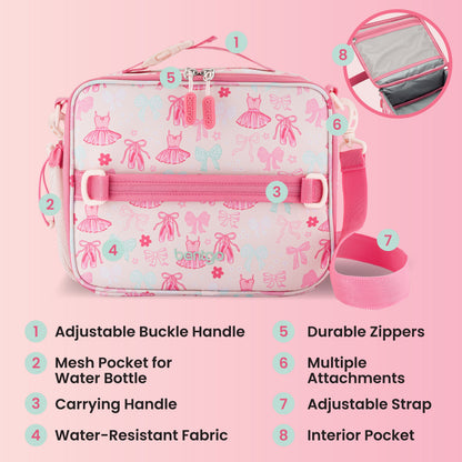 Bentgo Kids Prints Lunch Bag - Ballet and Bows | Adjustable Buckle Handle, Mesh Pocket For Water Bottle, Carrying Handle,Water-Resistant Fabric, Durable Zipper, Multiple Attachments, Adjustable Strap, And Interior Pocket