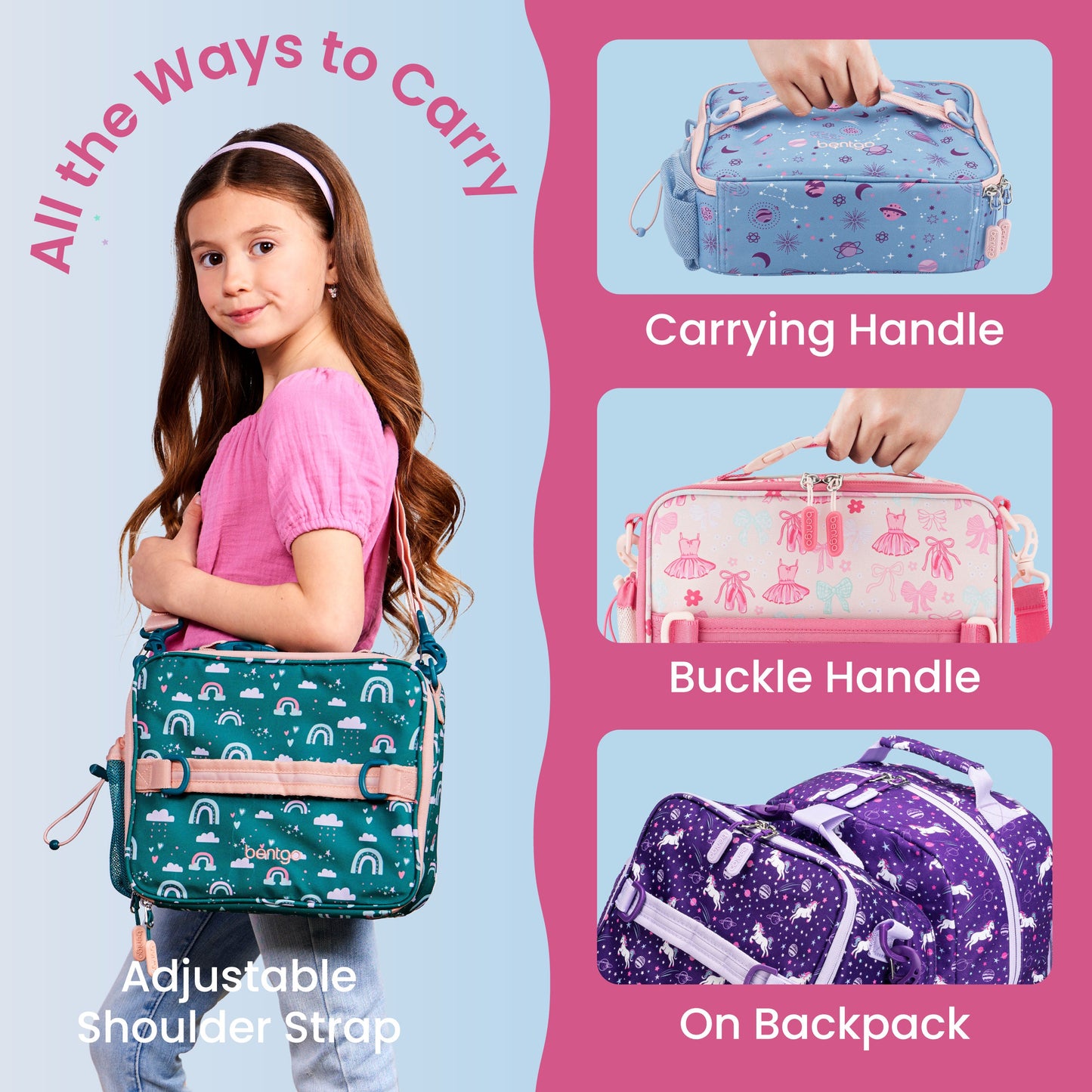 Bentgo Kids Prints Lunch Bag - Blooming Floral | All The Ways To Carry - Carrying Handle, Buckle Handle, On Backpack, And Adjustable Shoulder Strap