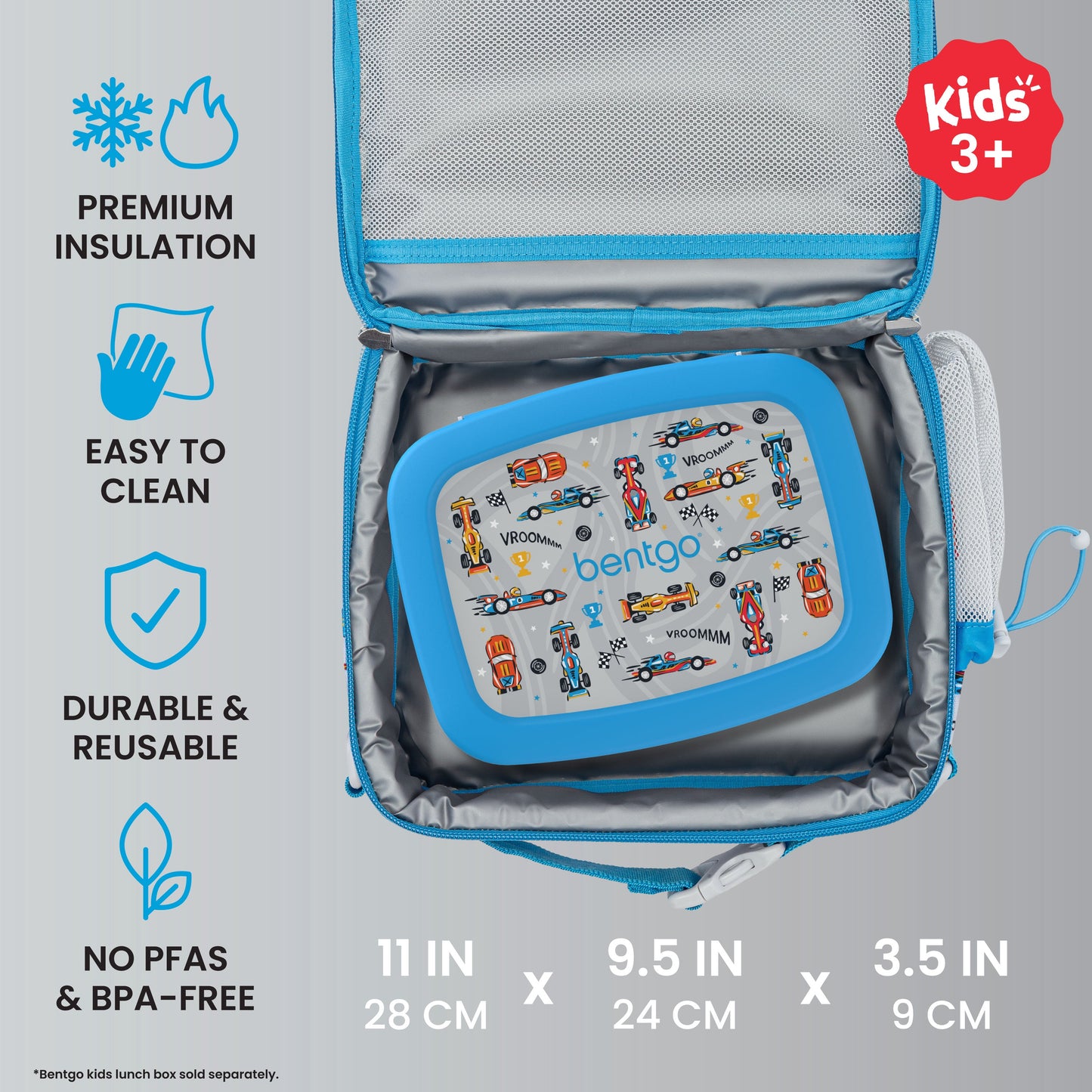 Bentgo Kids Prints Lunch Bag - Race Cars | Premium Insulation, Easy To Clean, Durable & Reusable, No PFAs & BPA-Free