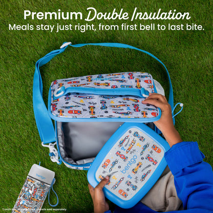Bentgo Kids Prints Lunch Bag - Race Cars | Premium Double Insulation - Meals Stay Just Right, From First Bell To Last Bite