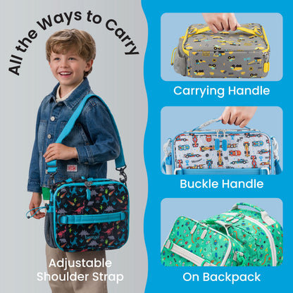 Bentgo Kids Prints Lunch Bag - Race Cars | All The Ways To Carry - Carrying Handle, Buckle Handle, On Backpack, And Adjustable Shoulder Strap