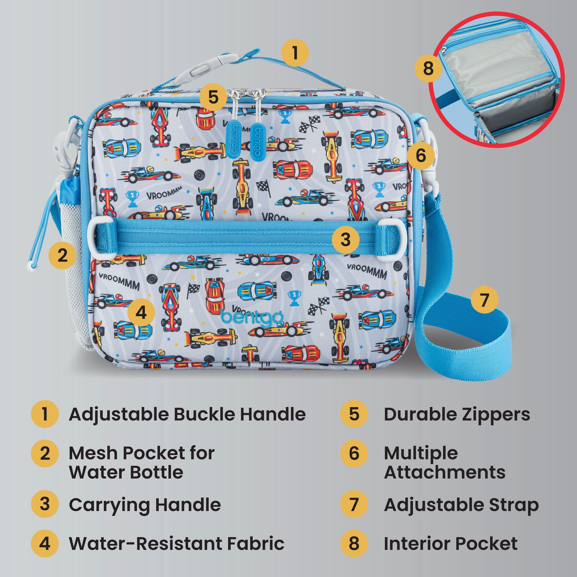 Bentgo Kids Prints Lunch Bag - Race Cars | Adjustable Buckle Handle, Mesh Pocket For Water Bottle, Carrying Handle,Water-Resistant Fabric, Durable Zipper, Multiple Attachments, Adjustable Strap, And Interior Pocket